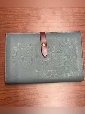 Celine Textured Slate Gray Wallet with Burgundy Strap